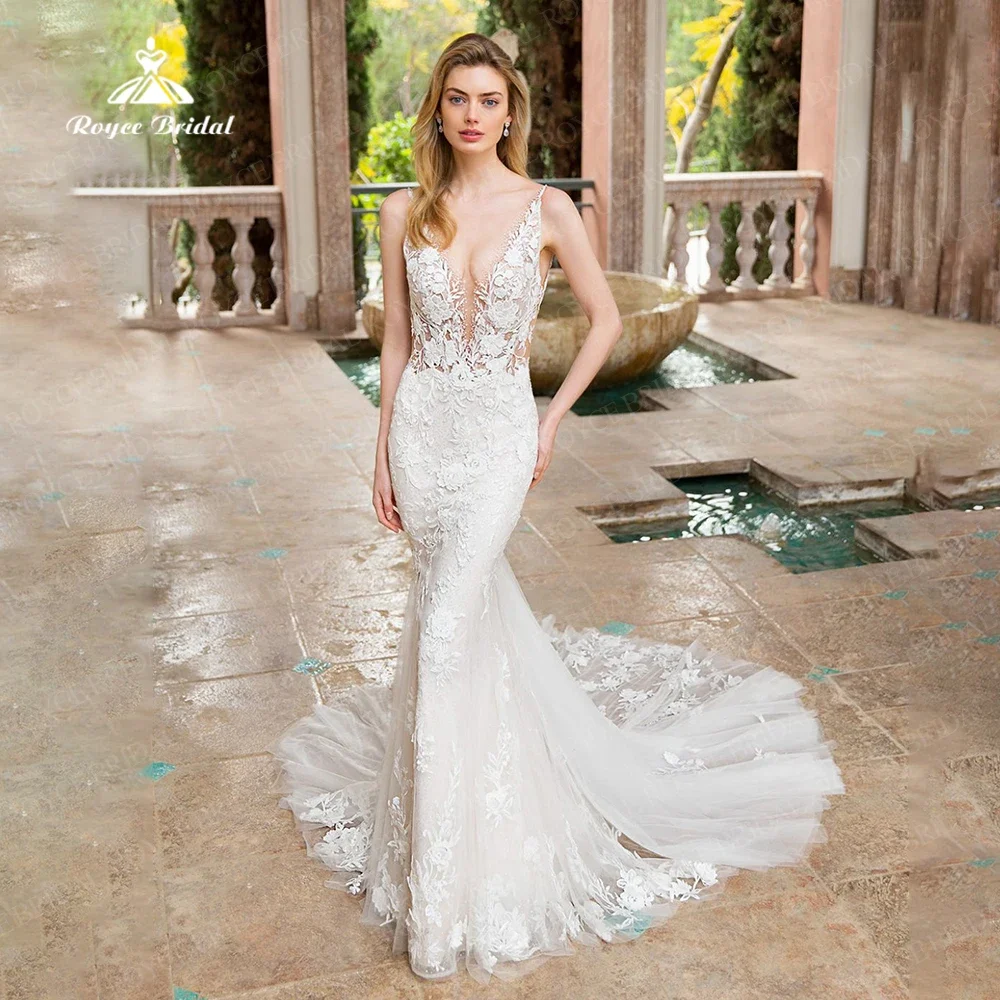 

Roycebridal Spaghetti Strap Lace Applique Mermaid Wedding Dress Sexy Deep V Neck Sweep Train Bridal Gowns Customized Vestidos