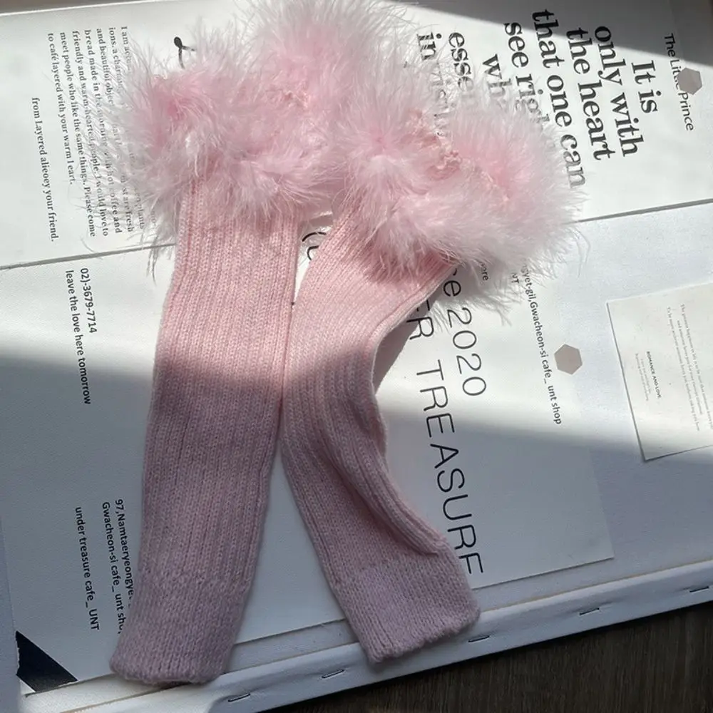Arm Cover Elastic Y2K Warm Sleeves Lace Long Mittens Feather Knitted Arm Warmers Sweet Korean Style Fingerless Gloves Lolita
