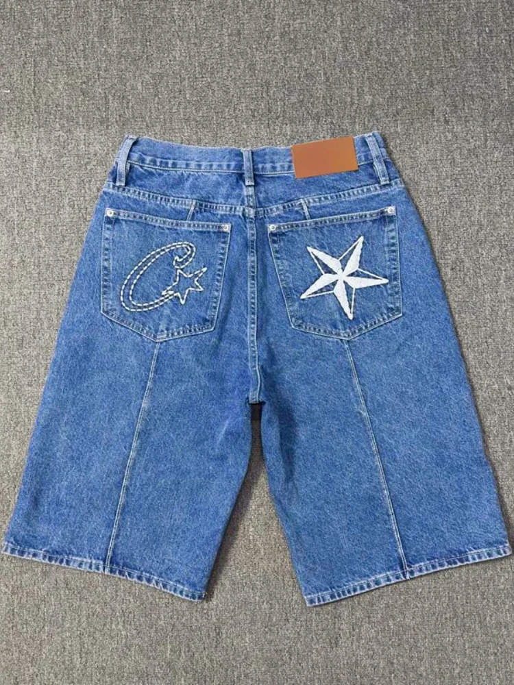 HOUZHOU bintang Vintage bordir Jorts Y2k Hip-hop kebesaran jahitan dicuci tren jalan Retro mode pendek Jeans tinggi jalan