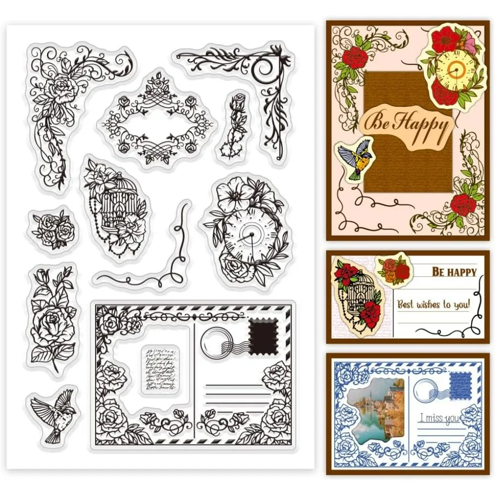 Vintage Rose Clear Stamps Postcard Silicone Stamp Flower Rubber Stamps Summer Theme Transparent Stamps for Card Making