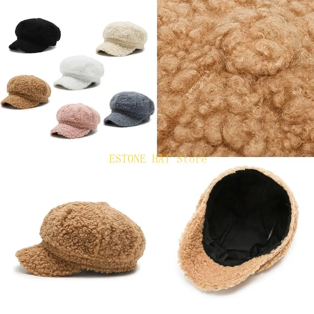 49MF Retro Color Lamb Wool Artist Hat Octagonal Hat for Thanksgiving