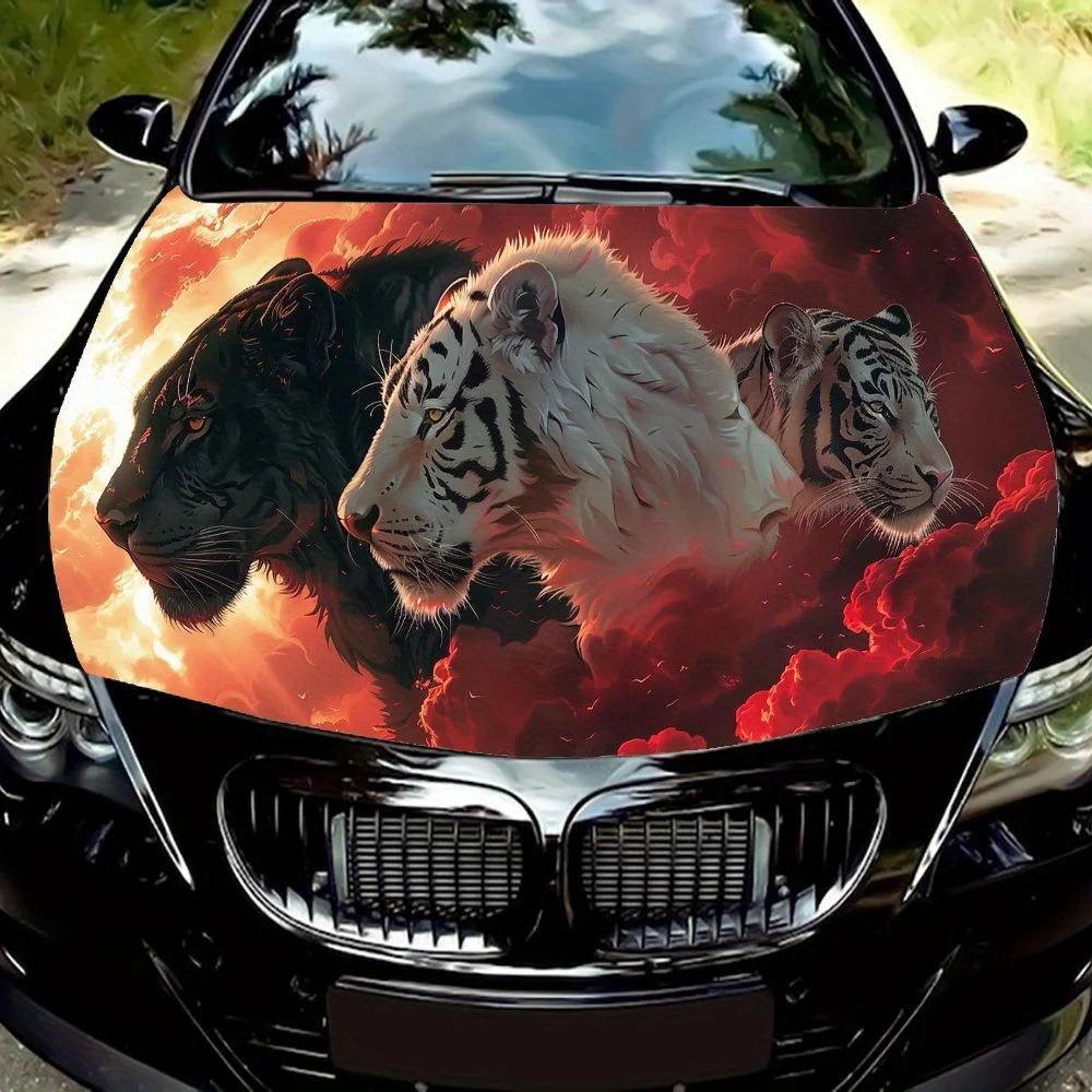 

Panther, Lion, White Tiger Burning Clouds Car Hood Vinyl Wraps Sticker, Car Engine Decal, Waterproof Self-adhesive Car Packaging
