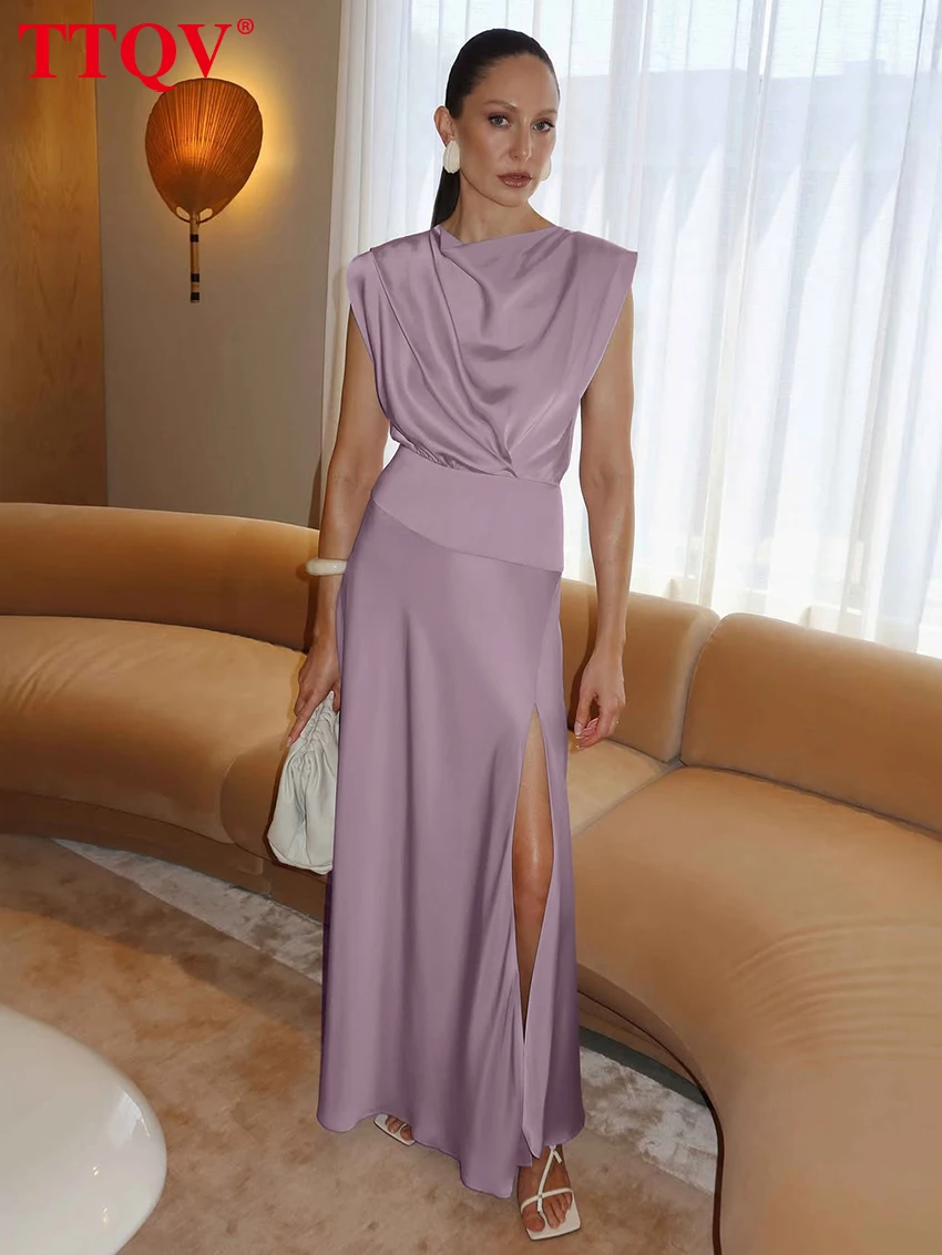 

TTQV Summer Loose Pink Satin Women's Dress Fashion O-Neck Sleeveless Ankle Length Dresses Elegant High Waist Slit Female Dress