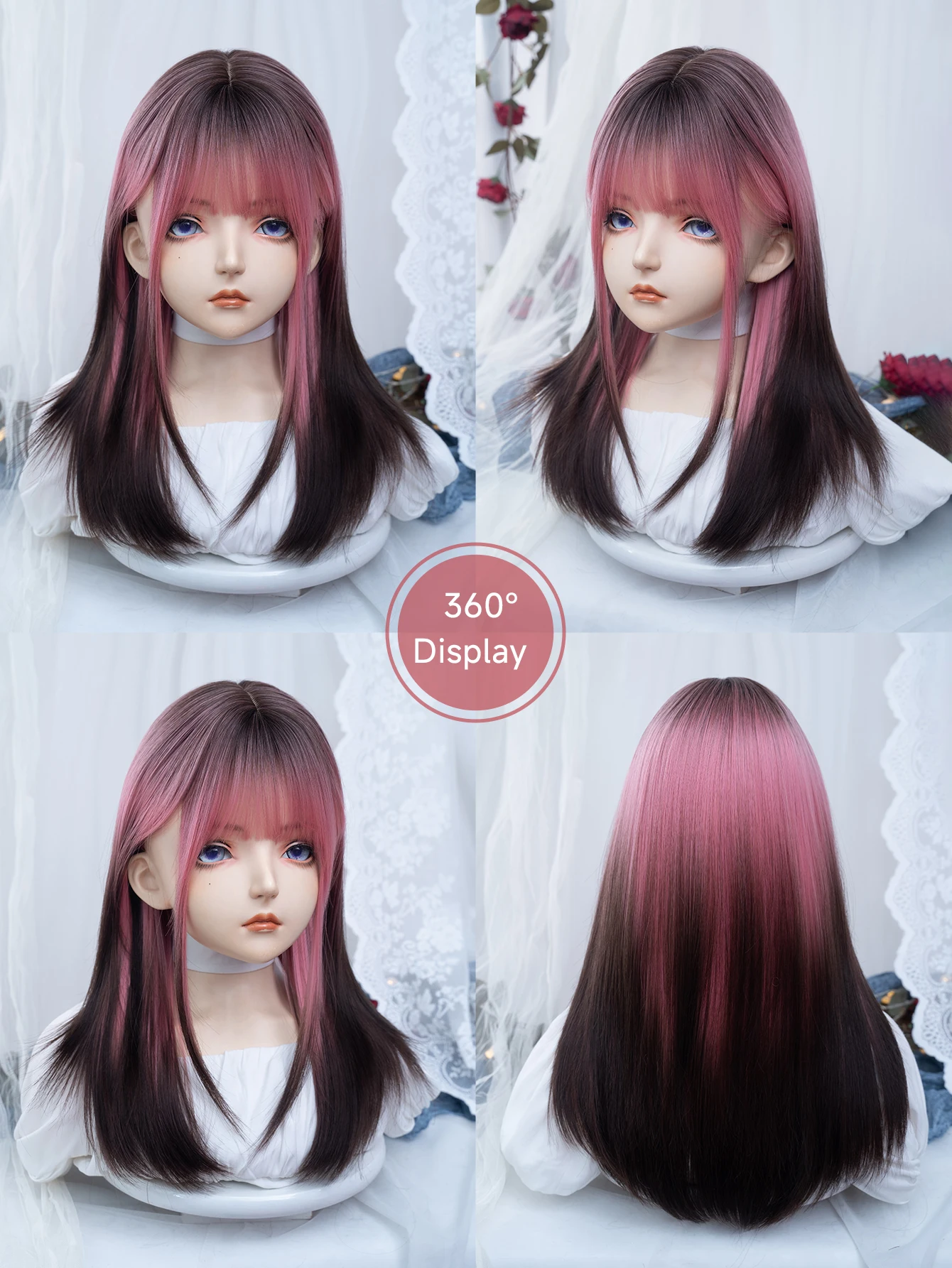 Wig Sintetis Ombre Lolita Hitam Merah Muda Kawaii 20 Inci dengan Poni Rambut Lurus Sedang untuk Wanita Cosplay Helloween Tahan Panas