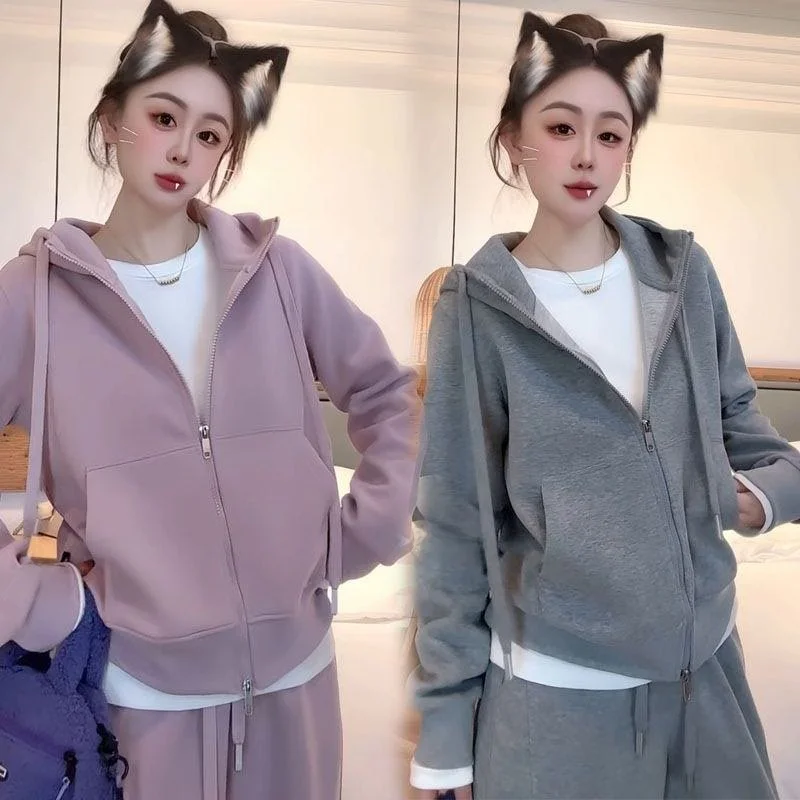 Women's Sportswear Set Loose Fit Hoodie And Wide Leg Pants Cotton Blend Diagonal Stripe 250g Three Piece Casual Outfit