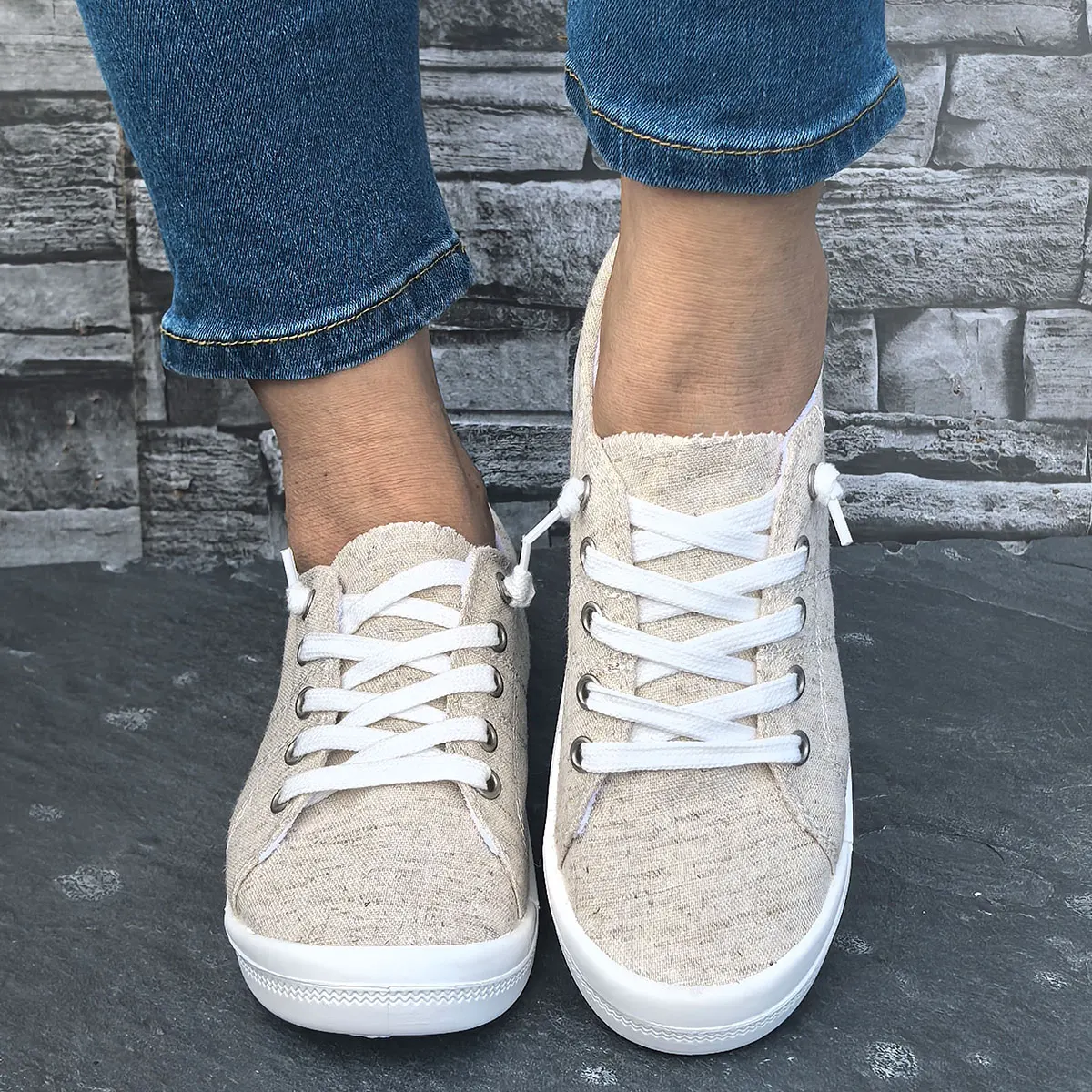 Women Beige Linen‑Textured Raw Edge Canvas Sneakers Elastic No‑tie Lace‑up Flat Casual Shoes Ladies Lightweight Soft‑Sole Lazy Daily Walking Female Footwear