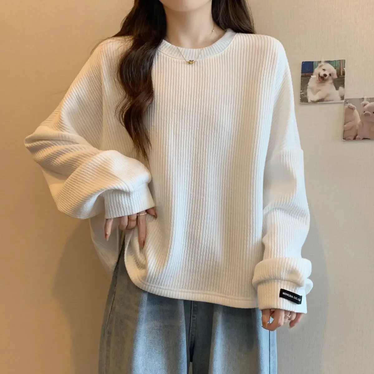 Large Pit Stripe Korean Underlay Shirt for Women Autumn and Winter New Loose Slim Simple and Warm Long Sleeve Top Ins Clothes