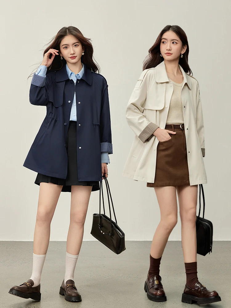 

SENTUBILA Women's Midi Trench Coat Autumn 2025 Office Wear Plaid Cuff Long Sleeve Pleated Trench Femme Straight Coats 153FB2253