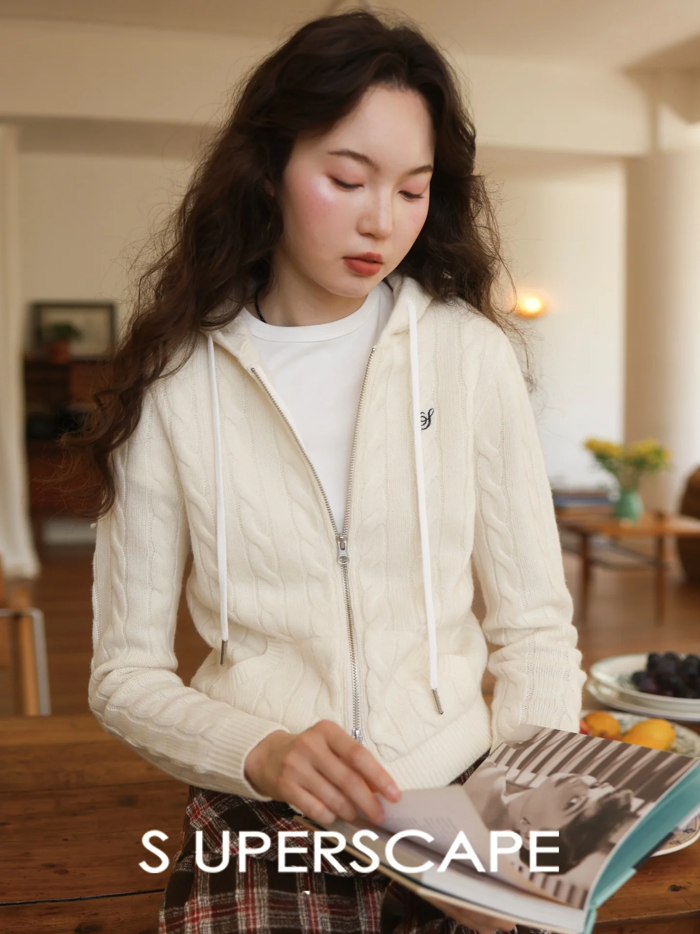 

Soft Pure Wool Australian Merino Knitted Cardigan Double Zipper Embroidered Floral Women's Long Sve Winter Outerwear