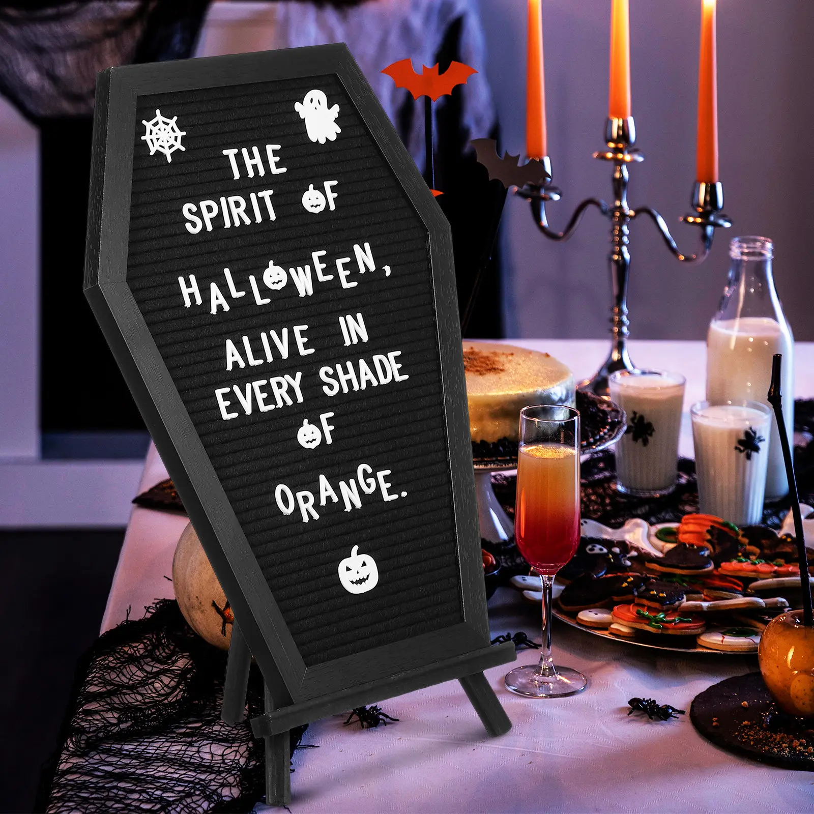 1Set Wooden Frame Coffin Letter Board Felt Message Board Spooky Halloween Home Office Party Decor Coffin Decor