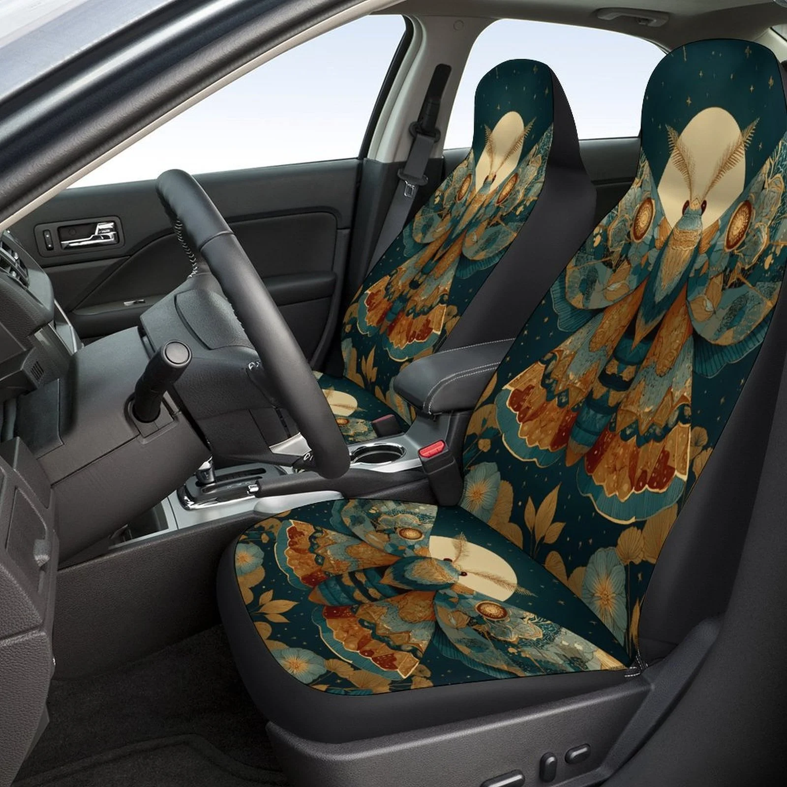 Set Of Car Seat Covers Themed With Moths, Moons, And Flowers, Suitable For Various Vehicles. Stylish And Unique, This Complete S