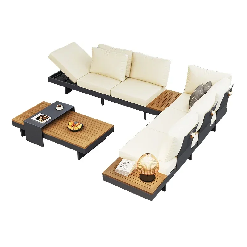 Customized outdoor sofa, courtyard, villa, garden, rain and sun protection, aluminum alloy seats and solid wood furniture