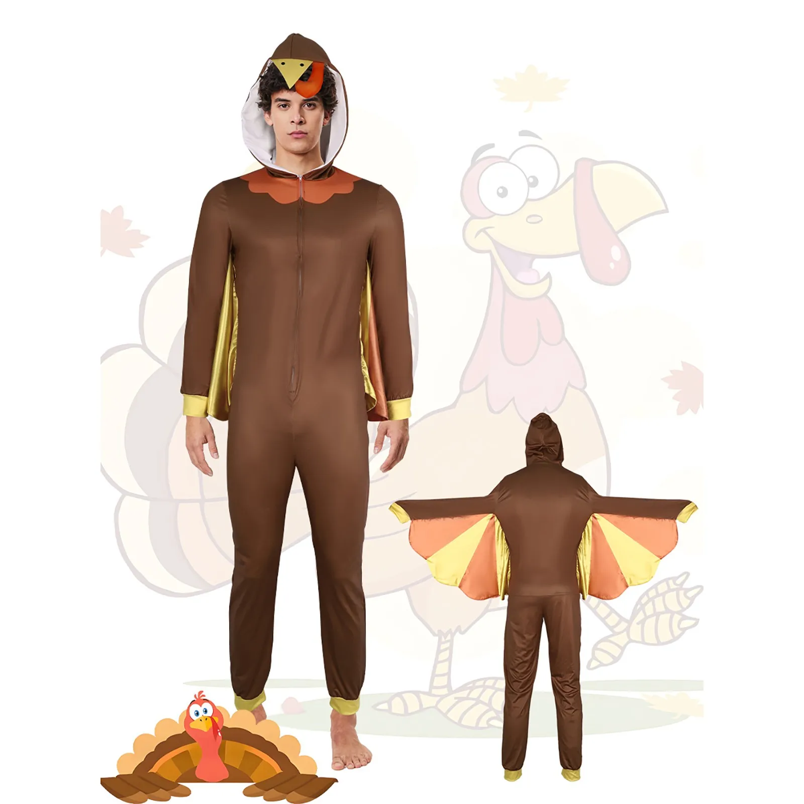 Halloween Turkey Shape Onesie Pajamas For Thanksgiving Long Sleeve Hooded Kigurumi Loungewear Funny Cosplay Costume