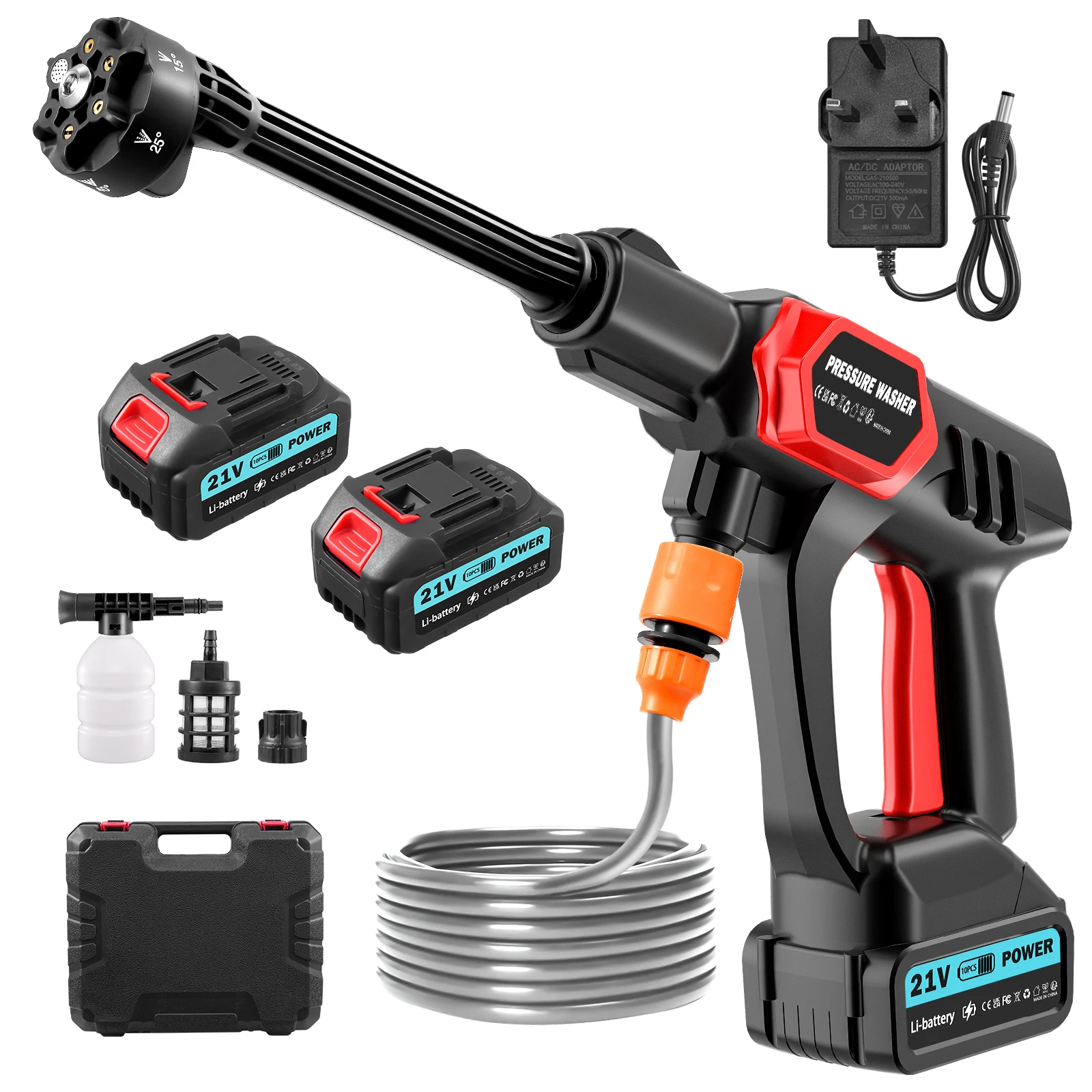 21V Kabelloser Hochdruck-Wasserstrahler mit 6-in-1 Düse Tragbarer Elektrischer Reiniger für Autowäsche, Bodenreinigung, Gartenbewässerung und Reinigung