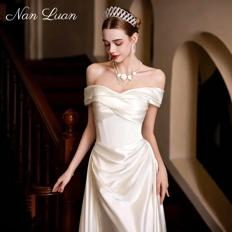 

Elegant Off Shoulder Satin Bridal Gown A-Line Train Wedding Dress Vestidos de Novia Customized