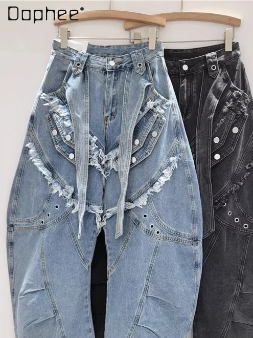 

American Retro Three-dimensional Deconstruction Jeans High Street Heavy Industry Old Washed Rough Edge Straight-leg Pants Women