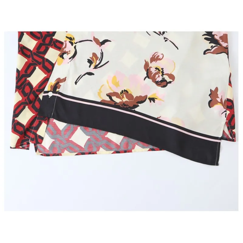 Women Splicing Printed Shirt Autumn Stand Neck Long Sleeve Buttons Asymmetry Hem Blouses Fashion Casual Female Vintage Chic Top image 5