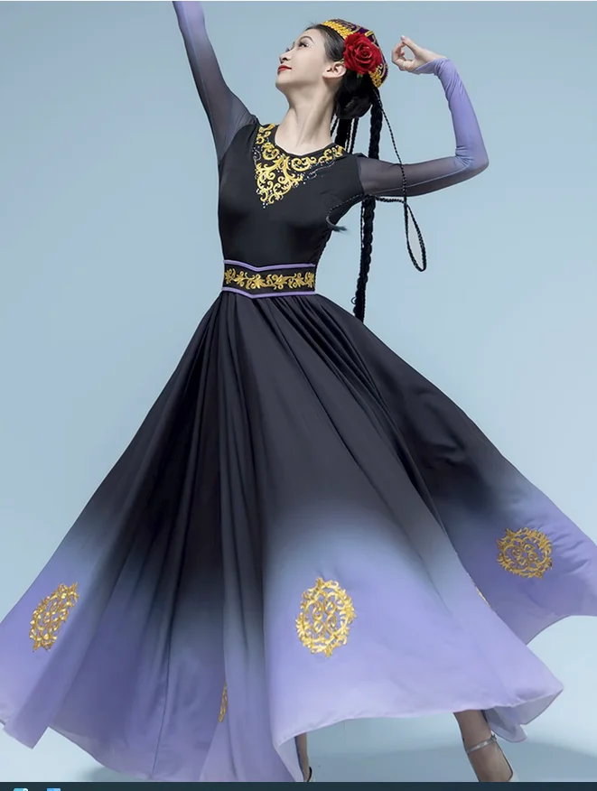 

Xinjiang Dance Performance Dress Women's Black 540 Degree Large Swing Skirt
