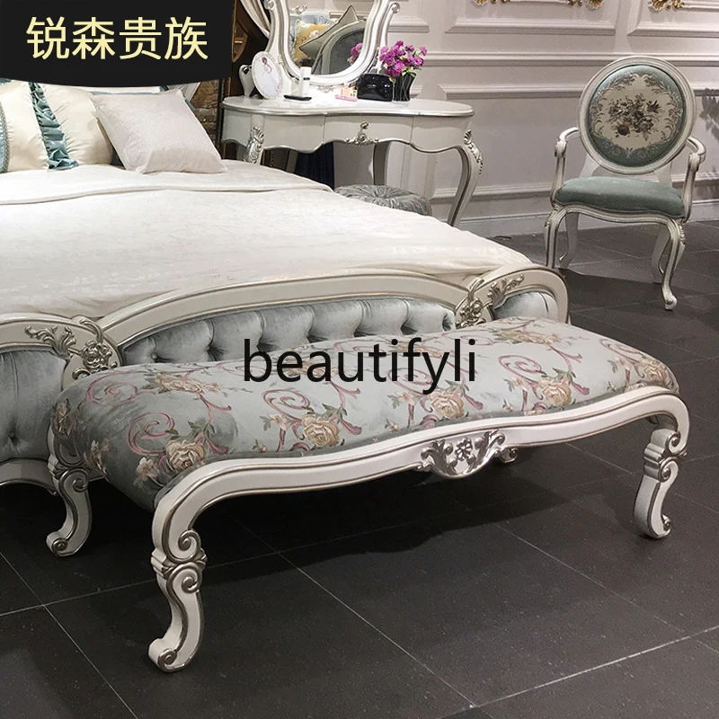 

French fabric embroidery home bedside stool, European luxury bedroom concubine stool, solid wood bedside sofa stool