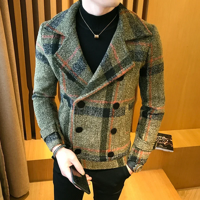 

2023 Autumn Winter New Double-Breasted Windbreaker Slim Short Men Woolen Coat Fashion Retro Plaid Thick Casual Windbreaker Coat