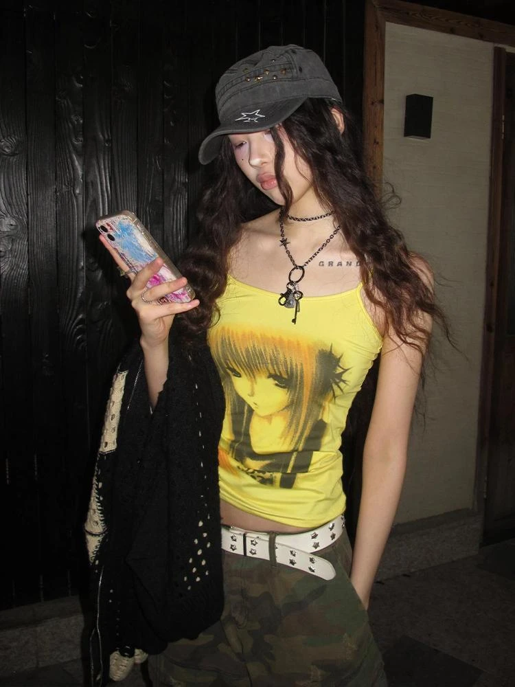 Y2k Aesthetic Harajuku Anime Crop Top Japanese Girl Print Goth Sleeveless Camisole Slim Streetwear Tees Grunge Fashion Ins Tanks