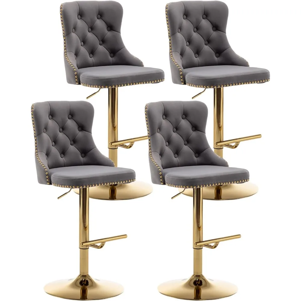 Velvet Bar Stools Set of 4, Counter Height Bar Stools with Button & Nailheads Trim, Gold Swivel Bar Stools for Kitchen Island