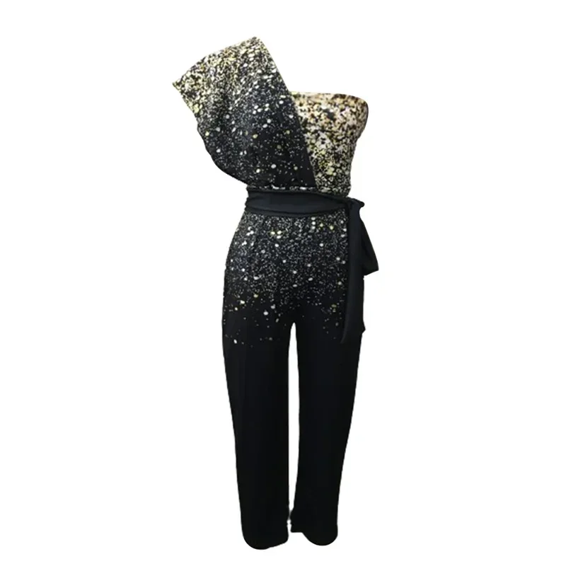 Fashion Sequins Decoration One Shoulder Backless Jumpsuit Women Female Slim Fit Stretch Lace-up High Waist  Back Zipper Rompers