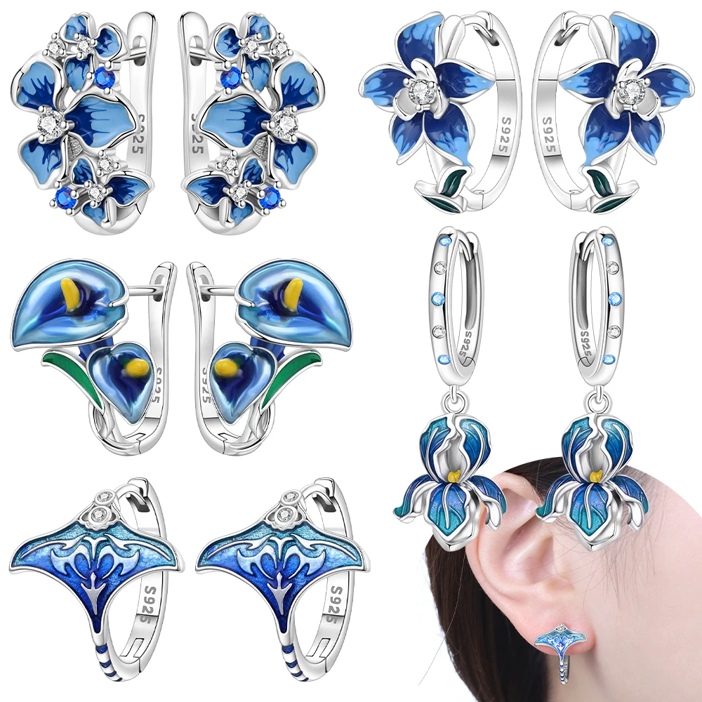 925 Sterling Silver Blue Flower Women's Hoops Earrings Fit Earrings Women Drop Earring For Anniversary Wedding Jewelry Gifts
