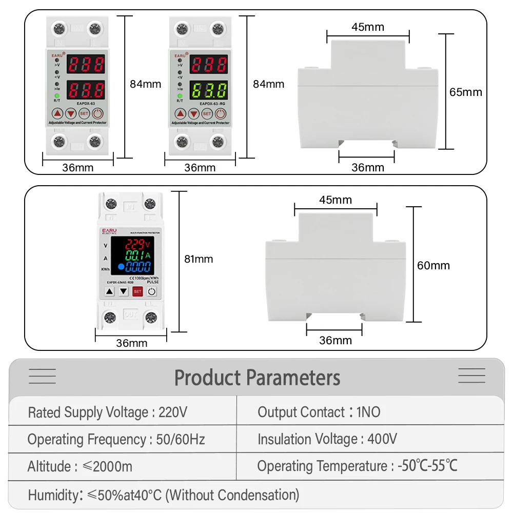 DIN Rail Mounted 40A 63A 230V Adjustable over under Voltage And Current Protection Relay for kWh Energy Meter