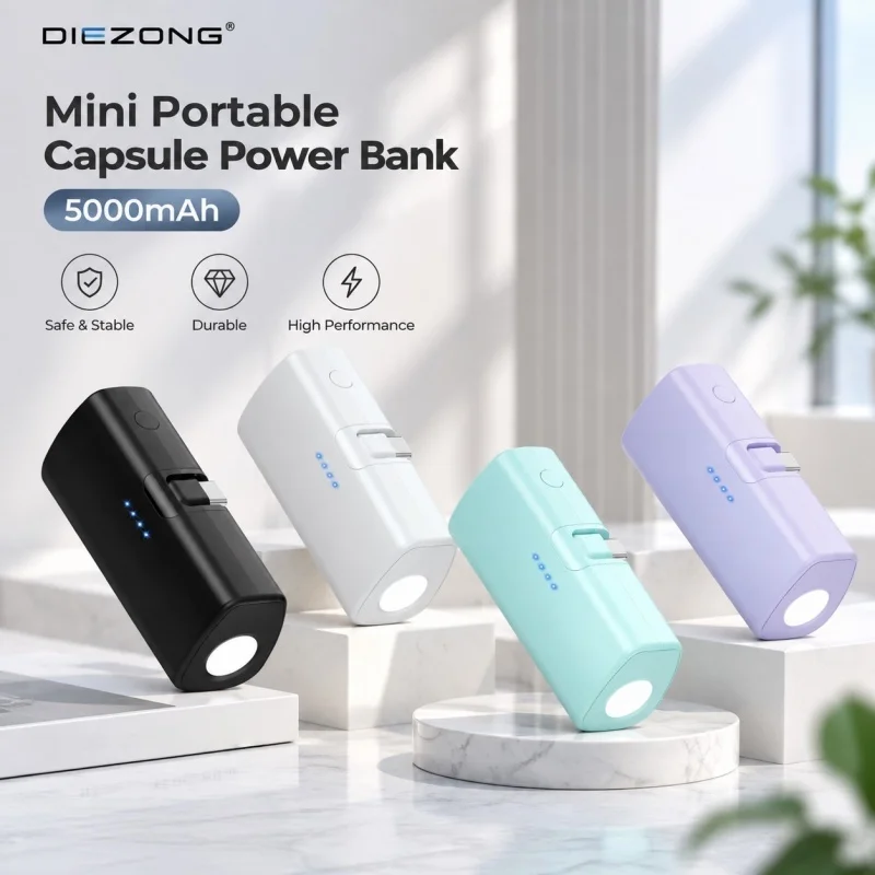 Mini Portable Capsule Power Bank Pocket Size with Flashlight, Lightning/Type-C Foldable Plug External Battery for IPhone Android