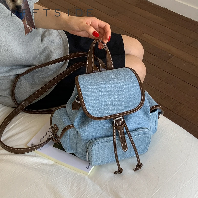 

LEFTSIDE Women's Pu Leather Small Double Pockets Backpacks 2025 New Fashion Vintage Backpack Student School Bag Back Packs