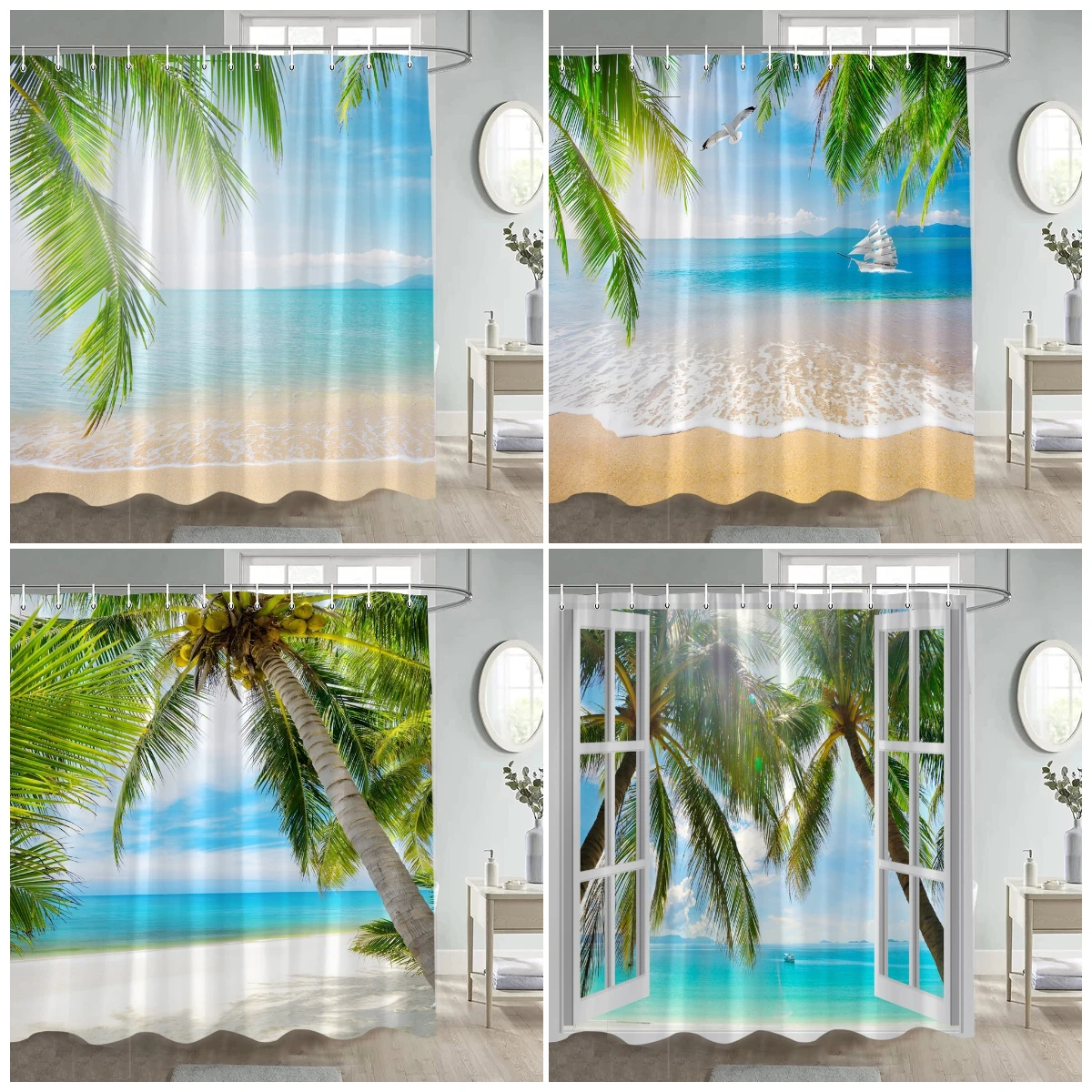 

Blue Ocean Shower Curtain Tropical Beach Coconut Tree Sailboat Bird Sea Waves Nature Landscape Bathroom Curtain Decor With Hooks