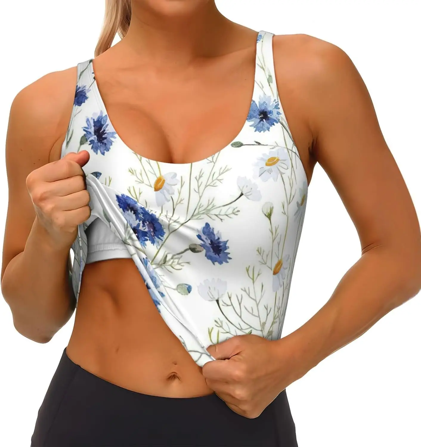 الزهور البرية وزهور الذرة الإقحوانات طباعة المرأة تجريب تانك القمم Racerback أكمام سترة رياضية لصالة الألعاب الرياضية