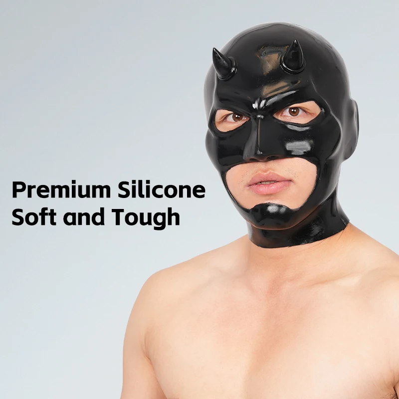 Furrjoi Silicone Evil Man Mask with Horns Demon Horned Man Furry Full Head Hood Cosplay Headgear Realistic Halloween Masken