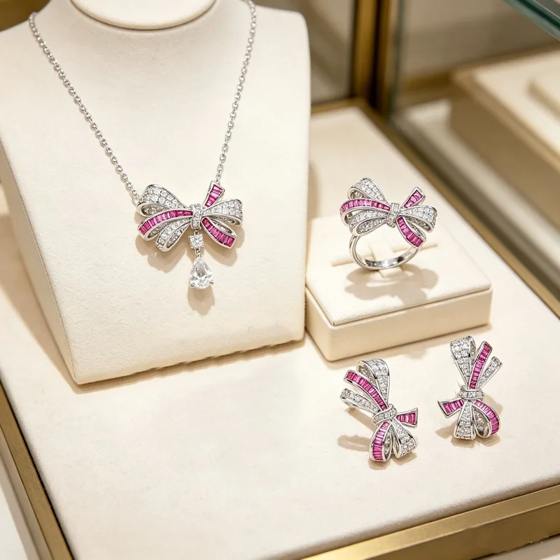 Europe America Style Ring Earrings Necklace Women Lady Inlay White Pink Square Cubic Zircon Bowknot Pendant Party Jewelry Sets