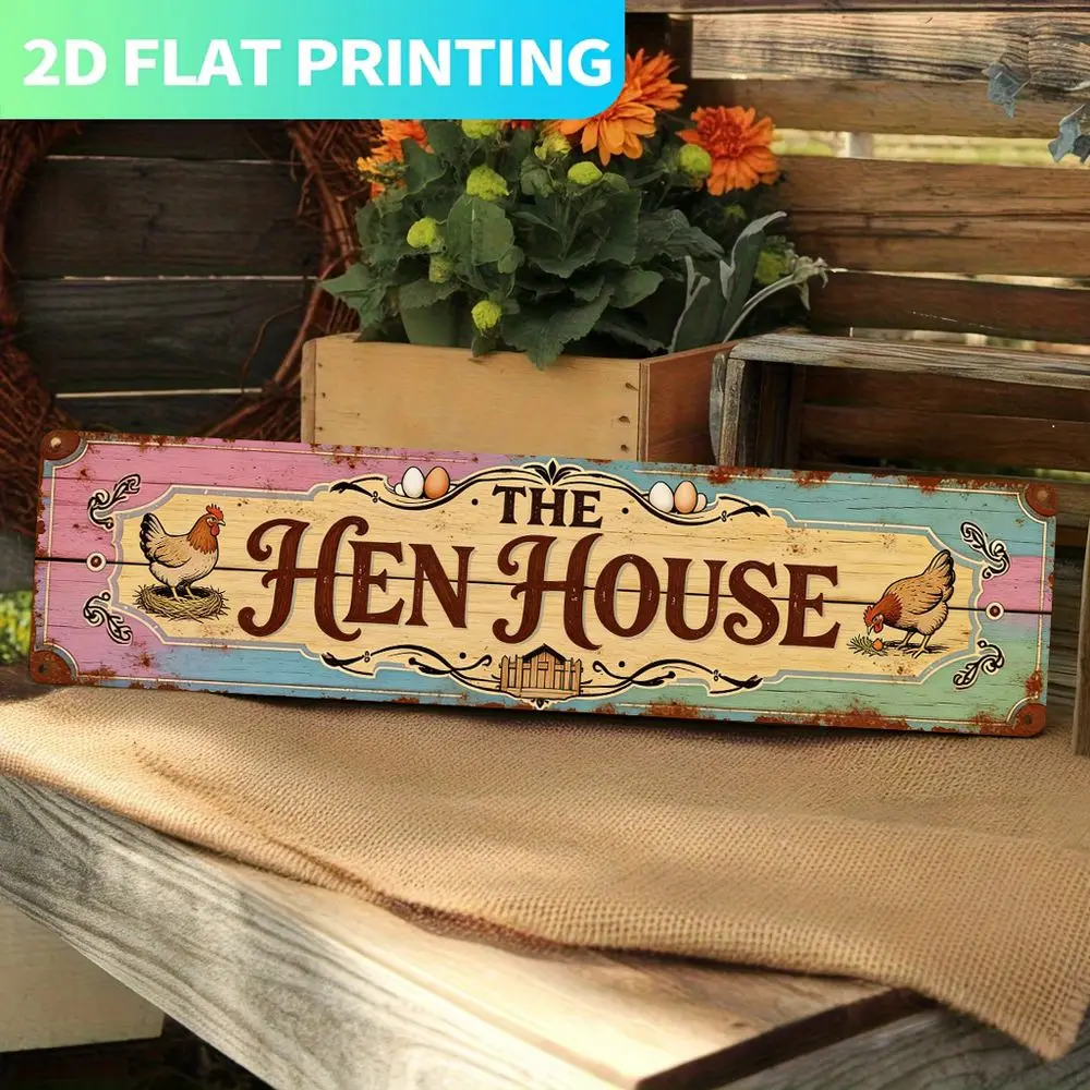 2D Flat 1pc, Metal Sign, Vintage Hen House Metal Wall Sign 15.75Inch X 3.94Inch - Farmhouse Chicken Coop Decor, Rustic Metal