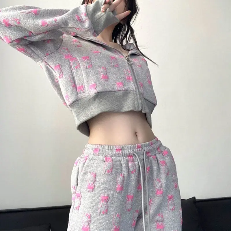 Y2K Hellokitty Oversize Printed Zipper Hooded Jacket Woman Kawaii Anime Cartoon Fashionable Hot Girl Low Waist Trousers Casual