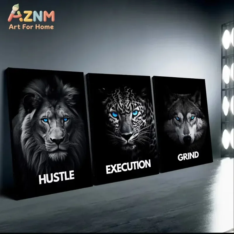 Black White Wild Animals Canvas Wall Art Lion Leopard Wolf Motivational Hustle Quote Print Unframed Canvas Poster for Office De