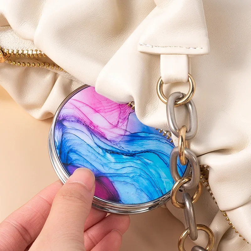 Compact Portable Pocket Mirror Double-Sided Folding round Marbling Cosmic Design for Travel And On-the-Go Touch-ups