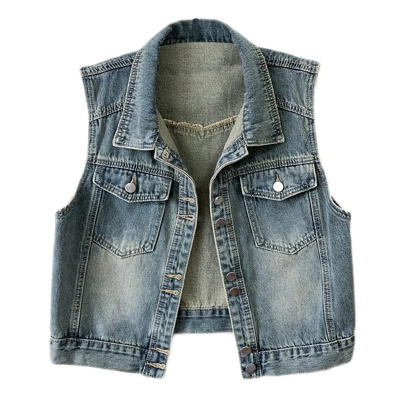 

Джинсовые жилеты в стиле ретро для женщин в стиле BF с отложным воротником, модные универсальные без рукавов Y2k, повседневные минималистичные простые винтажные жилеты