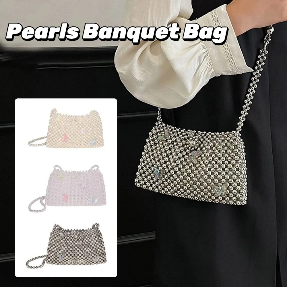 

Mini Butterfly Pearl Evening Bag Crossbody Bag Solid Color Beaded Clutch Bag Handmade Woven Banquet Bag Party