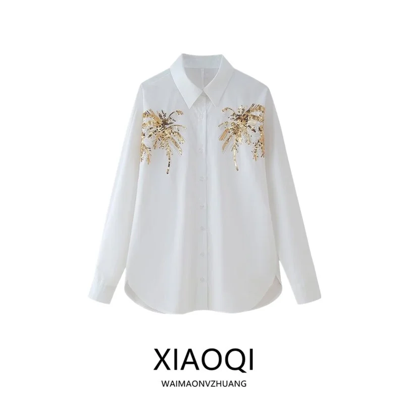 

Ele Long Sve Beaded Embroidery irt Women's Faion Design Autumn New Arrival Slimming Versatile Loose Fit irt