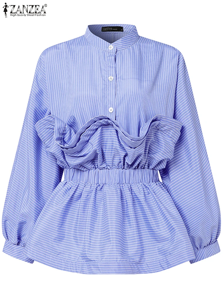 

ZANZEA Elegant Office Blouse Women Striped Printed Tops 2025 Summer Long Sleeve Ruffled Shirts Female Casual Patchwork Blusas