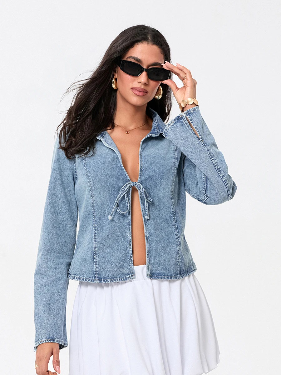 wsevypo Women Long Sleeve Denim Shirts Jackets Casual Solid Color Tied Front Basic Jeans Coats for Streetwear Aesthetic Clothes