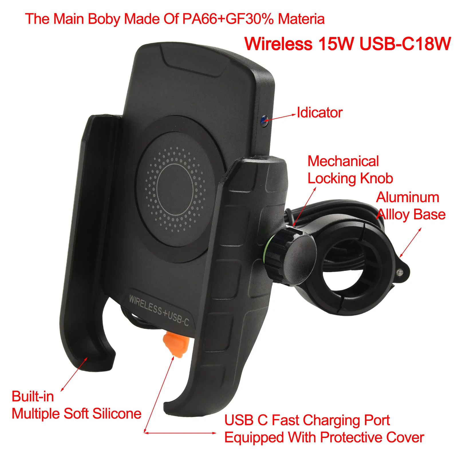 Phone Holder Motorcycle 1.5m for Power Cord PC Stainless Steel Charger 15W+USB-C 18W High Quality Phone Holder