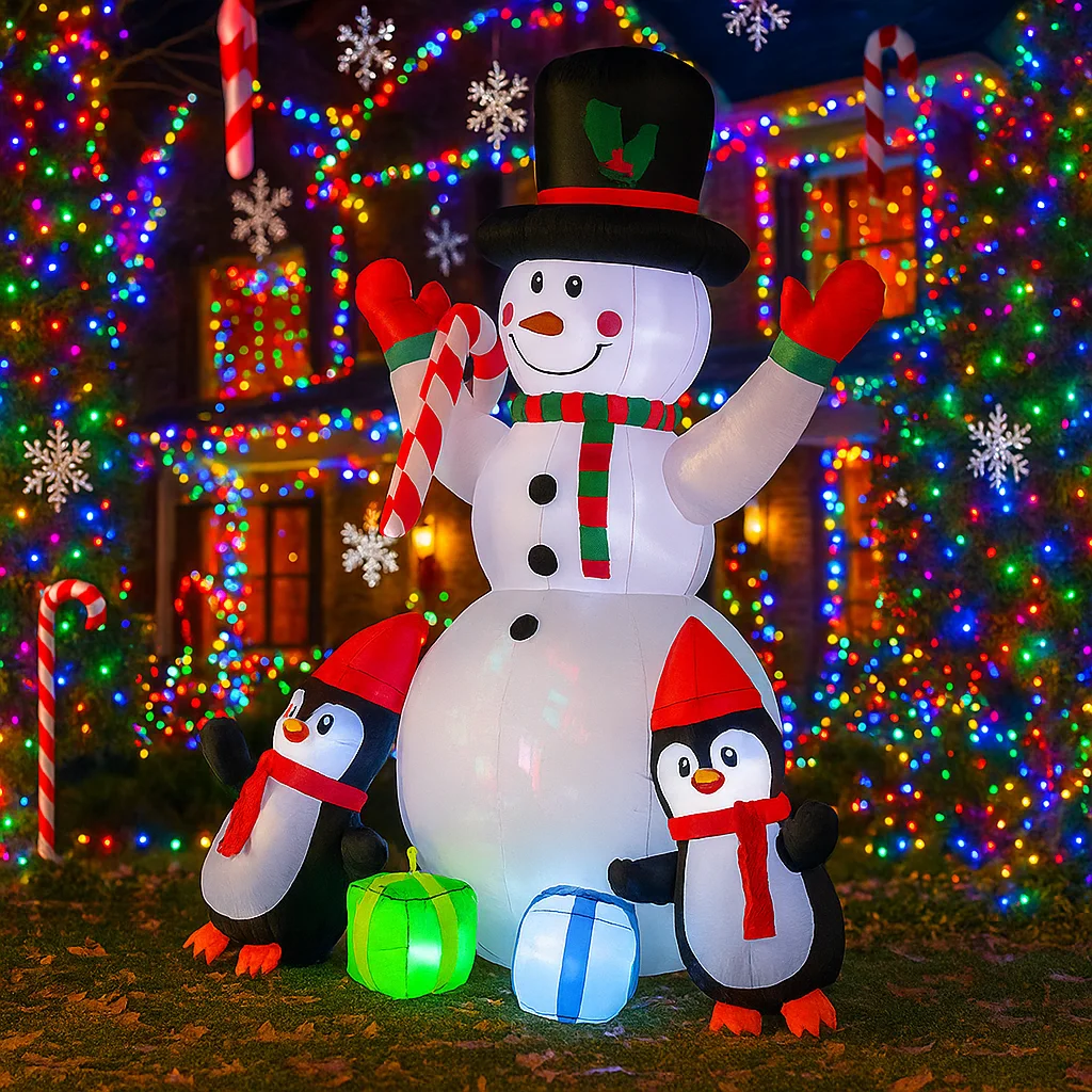 6フィートのクリスマスデコレーションおもちゃ、クリスマスデコレーション、膨らませる雪だるま、ペンギン、キャンディケインのおもちゃ、家の庭の飾り、LED装飾付き