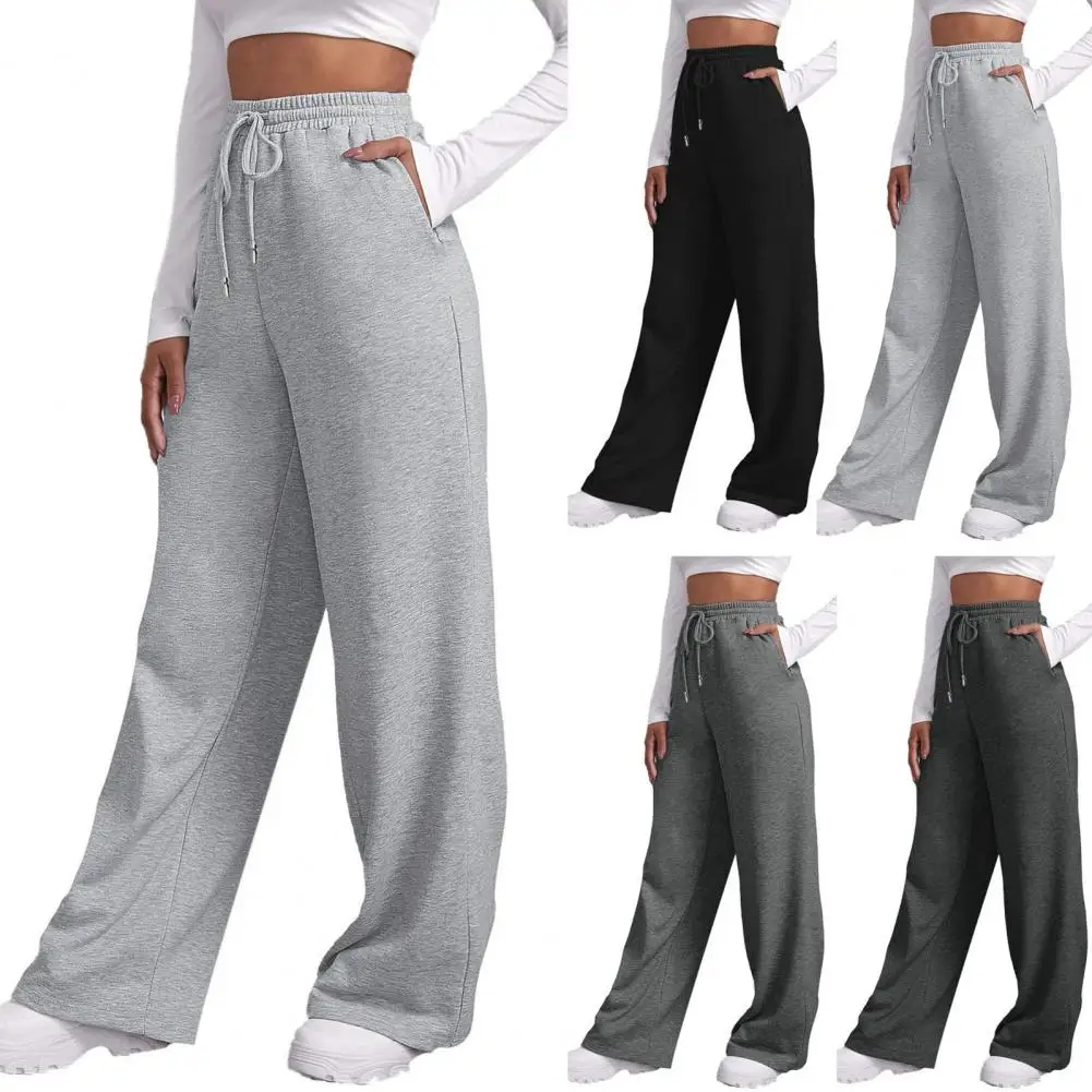 Solid Color Women Pants Winter Sweatpants Stylish Women's Wide Leg Yoga Pants with Drawstring Waist Soft Breathable for Fall