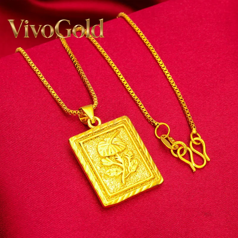 

VivoGold 24K Gold Flower Square Necklace AU999 Soft gold, three-dimensional relief square card, daily wear shows softness