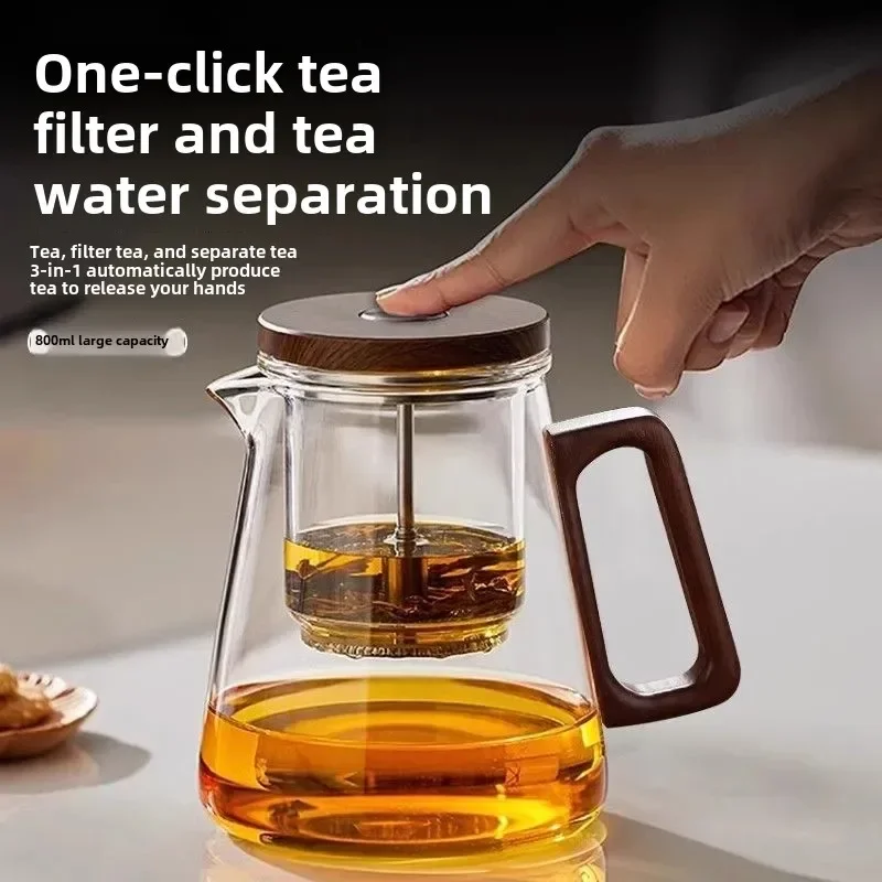 

One Click Tea Separation Filtration Glass Teapots With Wood Handle Tea Water Separation Inner Container Tea Pot