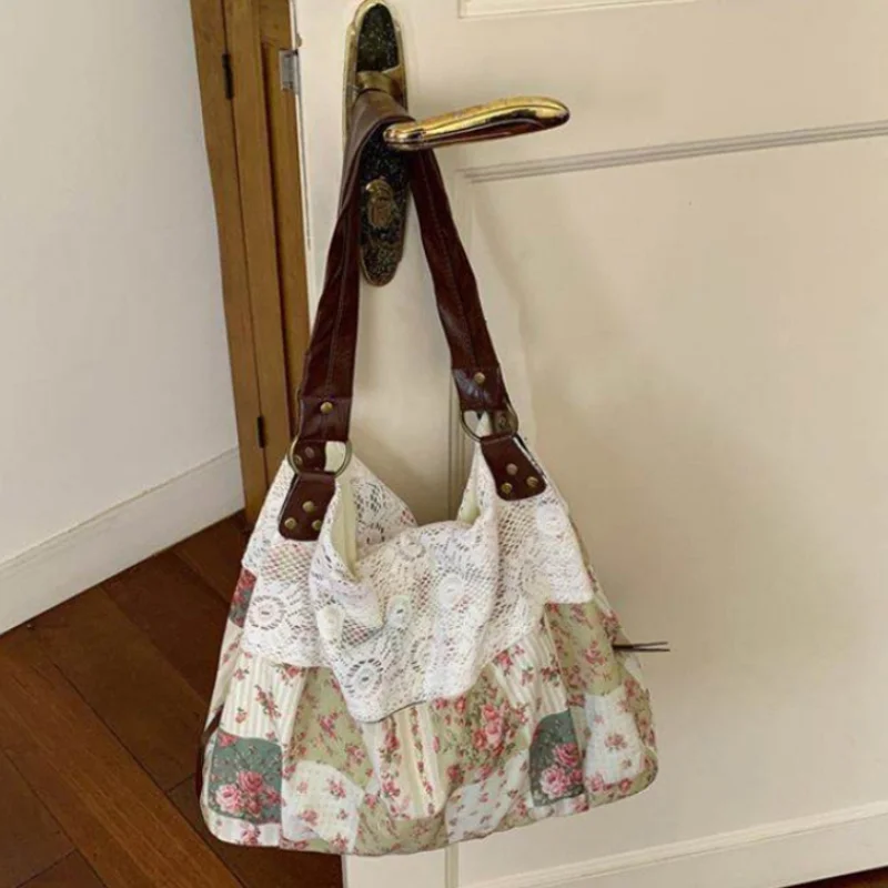 French Patchwork Floral Lace Tote Bag Pastoral Style Sweet Polka Dot Handbag Women's Elegant Date Bag Large Casual Shoulder Bag